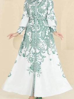 Yeşil Kemerli Yaka Desenli Gömlek Elbise