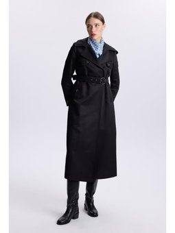 Kapüşonlu Düğme Detaylı Siyah Trençkot