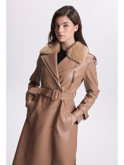 Kürk Yaka Fermuar Detaylı Deri Camel Trençkot