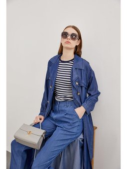 Kuşak Detaylı Mavi Trençkot