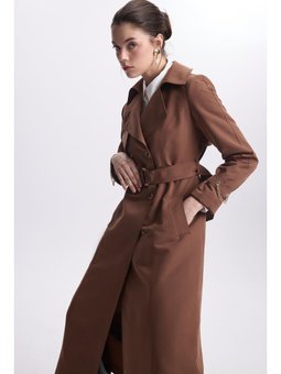 Zincir Ve Kemer Detaylı Kahve Trençkot