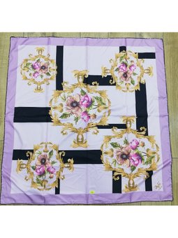Barok Çiçek Desen Black Seri Twill Askısı İle Birlikte 90x90 Cm Lila Eşarp Siyah