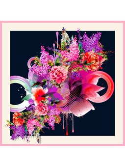 Çiçekli Desen Black Seri Rayon Askısı İle Birlikte 90x90 Cm Krem Eşarp Lacivert Pembe