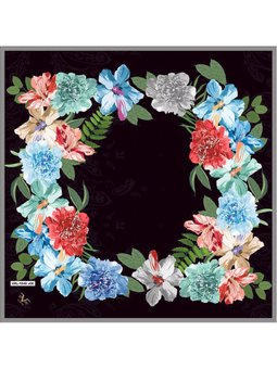 Çiçekli Desen Black Seri Twill Askısı İle Birlikte 90x90 Cm Lacivert Eşarp Mavi Yeşil