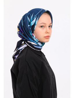 Çiçekli Desen Gold Seri Twill Askısı İle Birlikte 90x90 Cm Lacivert Eşarp