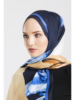 Çiçekli Desen Pavia Seri Askısı İle Birlikte 90x200 Cm Lacivert Şal Gold