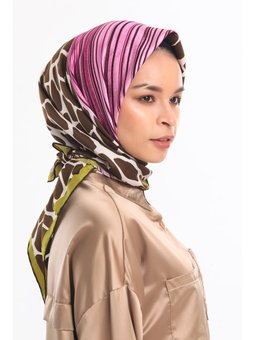 Leopar Desen Gold Seri Twill Askısı İle Birlikte 90x90 Cm Kahverengi Pembe Hardal Eşarp