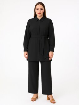 Bağlama Detaylı Gizli Patlı Büyük Beden İkili Siyah Takım