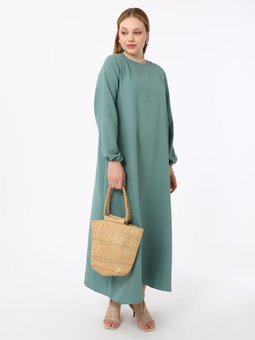 Büyük Beden Kolları Lastikli Basic Aerobin Yeşil Elbise