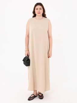 Büyük Beden Kolsuz Aerobin Bej Elbise