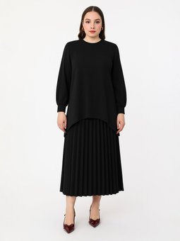 Büyük Beden Piliseli Tunik & Etek İkili Aerobin Siyah Takım