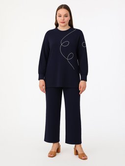 Kontrast Biye Detaylı Bisiklet Yaka Büyük Beden Siyah Takım