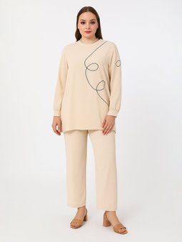 Kontrast Biye Detaylı Bisiklet Yaka Büyük Beden Taş Takım