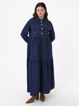 Kontrast Dikiş Detaylı Cepli Büyük Beden Katlı Denim Lacivert Elbise