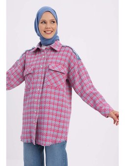 Denim Garnili Tüvit Gömlek Tunik Pembe Mavi