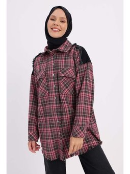 Denim Garnili Tüvit Gömlek Tunik Pembe Siyah