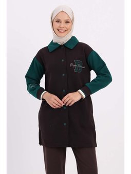 İki Renkli Nakışlı Düğmeli Rahat Hırka Acı Kahve