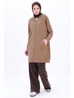 Kapüşonlu Fermuarlı Sweat Hırka Vizon