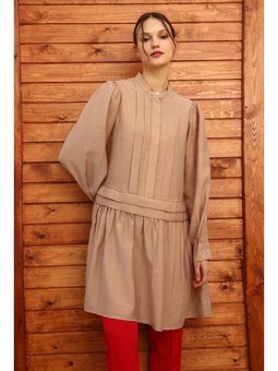 Pile Detaylı Gömlek Tunik Koyu Bej