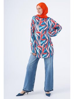 Piliseli Emprime Desenli Rahat Kalıp Tunik İndigo Kırmızı