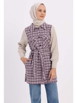 Triko Garnili Kuşaklı Tüvit Hırka Mor