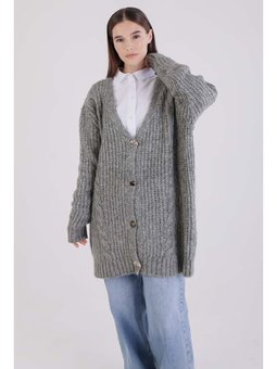 V Yaka Düğmeli Triko Hırka Gri