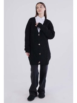 V Yaka Düğmeli Triko Hırka Siyah