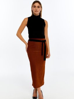 Kiremit Uzun Kadife Suvet Kuşak Detaylı Kışlık Kalem Etek