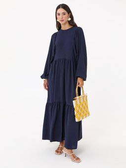 Aerobin Balon Kol Rahat Kesim Lacivert Elbise