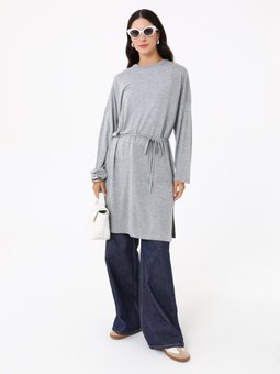 Rahat Kalıp Beli Bağlamalı Uzun Gri Melanj Tunik