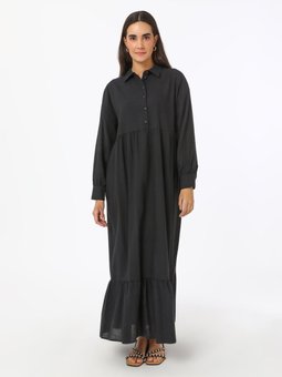 Volan Detaylı Pamuklu Siyah Elbise