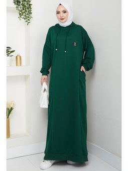 Anger Kapüşonlu Zümrüt Yeşili Elbise