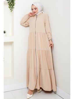 Kat Detaylı Fermuarlı Bej Ferace