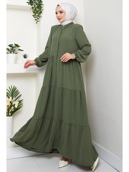 Kat Detaylı Fermuarlı Haki Ferace