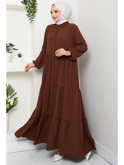 Kat Detaylı Fermuarlı Kahve Ferace