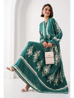 Otantik Desenli A. Zümrüt Yeşili Elbise