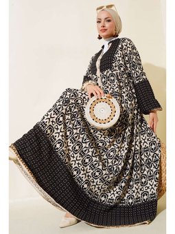 Siyah Krem Desenli Viskon Elbise Y.siyah