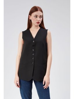 Düğmeli Regular Astarlı Dokuma Siyah Yelek