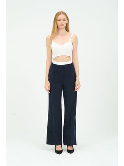 Garni Detaylı Yüksek Bel Palazzo Lacivert Pantolon