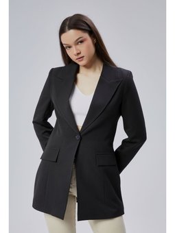 Kruvaze Uzun Blazer Siyah Ceket