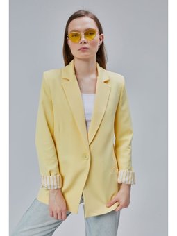 Kruvaze Yaka Kolu Katlama Detaylı Regular Vatkalı Blazer Sarı Ceket