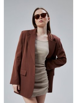 Oversize Düz Kesim Astarlı Dokuma Blazer Ceket Kahverengi