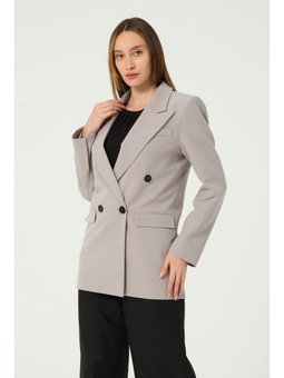 Regular Astarlı Kruvaze Kapama Dokuma Oversize Blazer Gri Ceket