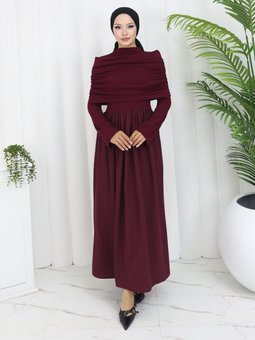 Şal Detaylı Bordo Elbise