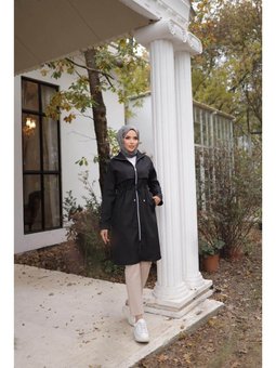 Fermuarlı İki Yan Cepli Belden Bağcıklı Uzun Siyah Trençkot 46)