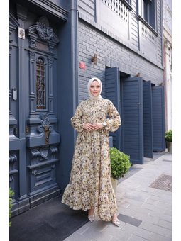 O Yaka Çiçek Desenli Büzgülü Yağ Yeşili Elbise 46)