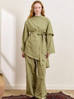 Organik Keten Double Paça Haki Pantolon