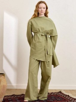 Organik Keten Şal Detay Haki Tunik