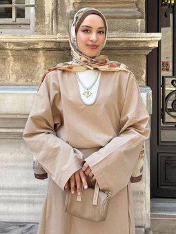 Organik Keten V Yaka Karamel Bluz