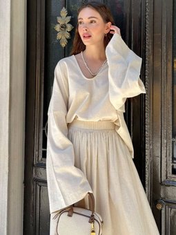 Organik Keten V Yaka Krem Bluz